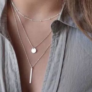 Layered 3 Necklace Chain Silver Bar Circle Dainty